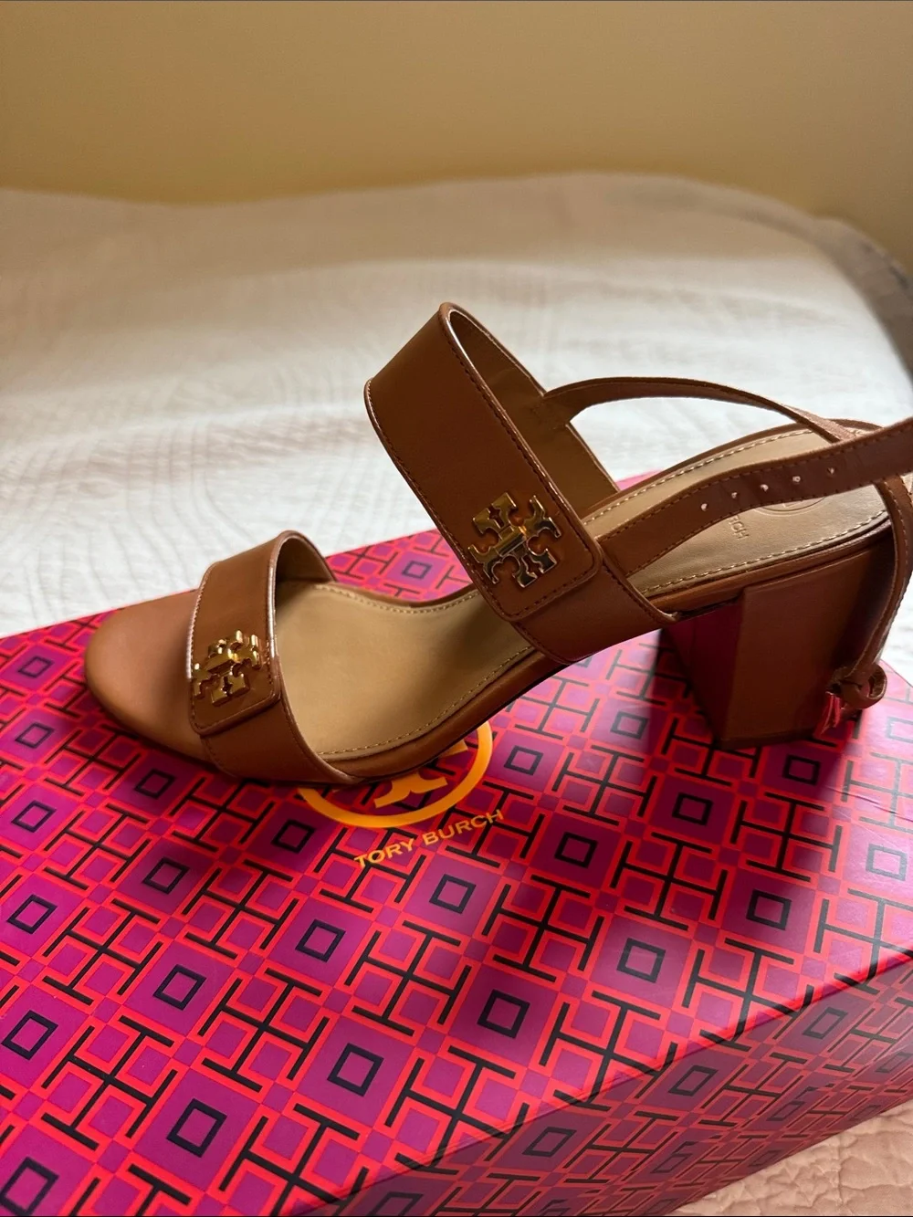 Tory Burch Tan Leather Block Heel Sandals with Gold Logo